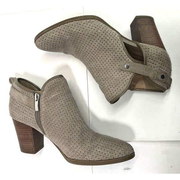 Franco Sarto Size 9 Taupe Suede Lazer Cut Ankle Booties Cut Out Block Heel - Picture 9 of 12